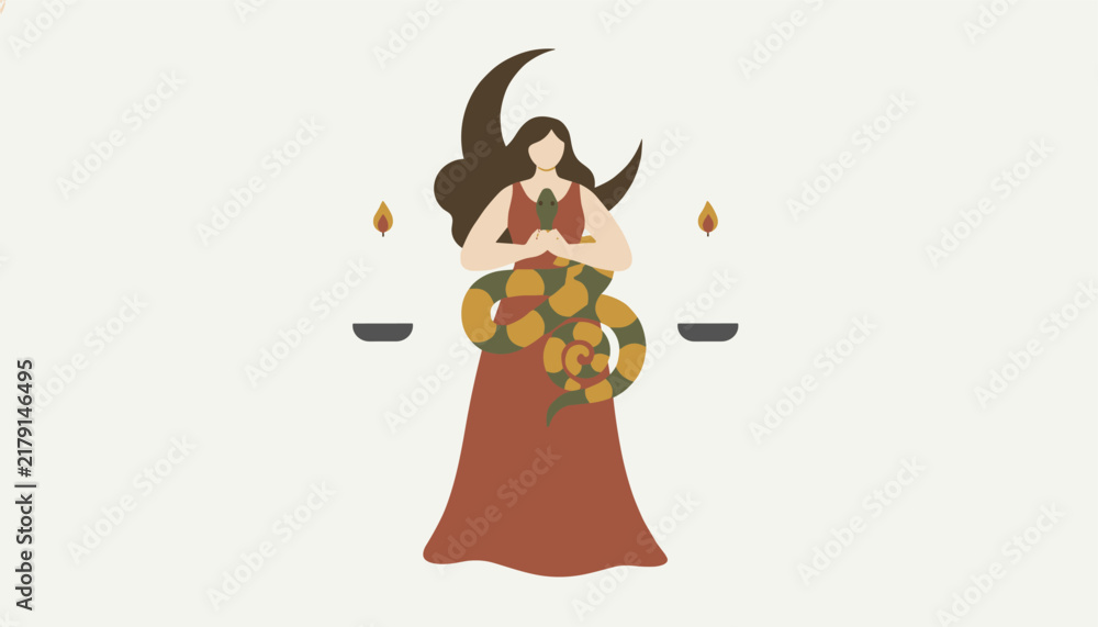 Fototapeta premium Mystic goddess in a red dress holding a snake with a crescent moon behind her and oil lamps on the sides.