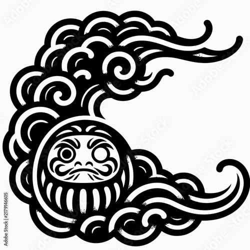 A black and white graphic illustration of a Daruma doll emerging from stylized clouds.