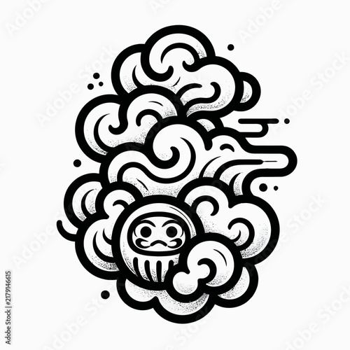 A stylized black and white illustration of a Daruma doll emerging from swirling clouds, with a dragon-like shape in the background.