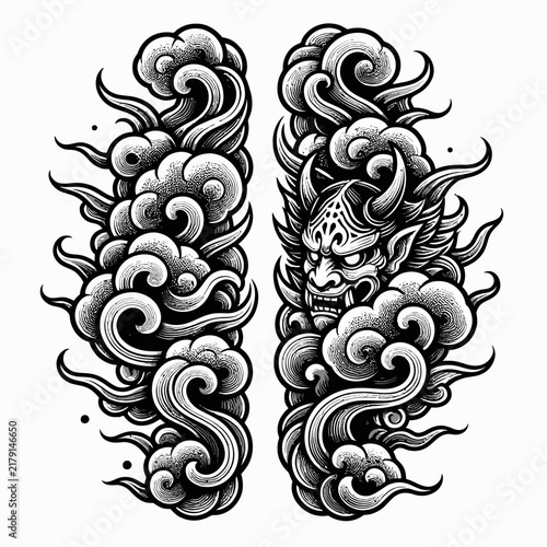 A striking black and white illustration of a Japanese Oni mask emerging from swirling clouds, rendered in a traditional tattoo style.