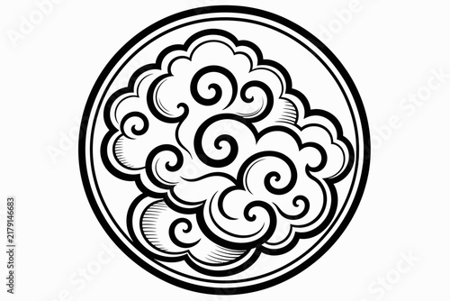 Stylized black and white circular emblem featuring traditional Asian swirling cloud patterns with intricate details and shading.