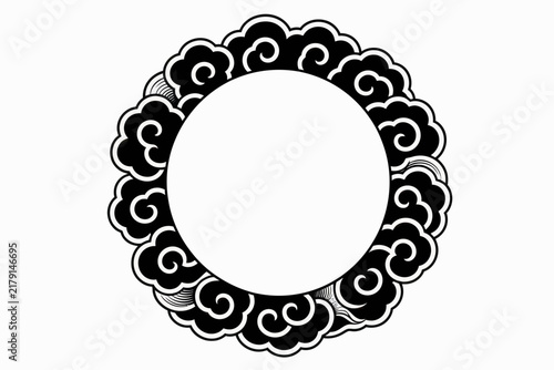 A circular frame of stylized black and white clouds surrounding a blank white circle.