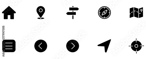 Minimalist navigation icon set, 10 black solid map and location symbols, flat vector UI elements for travel apps and web design