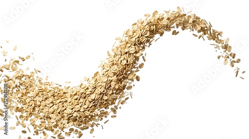 Swirling wave of raw oat flakes isolated on a pure white background