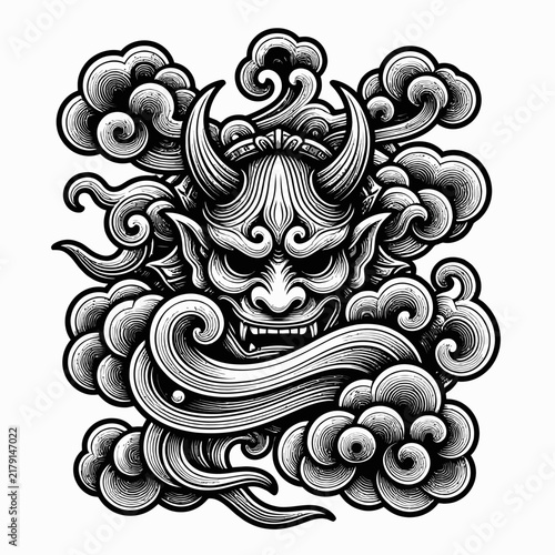 Intricate black and white illustration of a fierce Japanese Oni demon mask with horns and sharp teeth, surrounded by traditional swirling clouds, detailed artwork.
