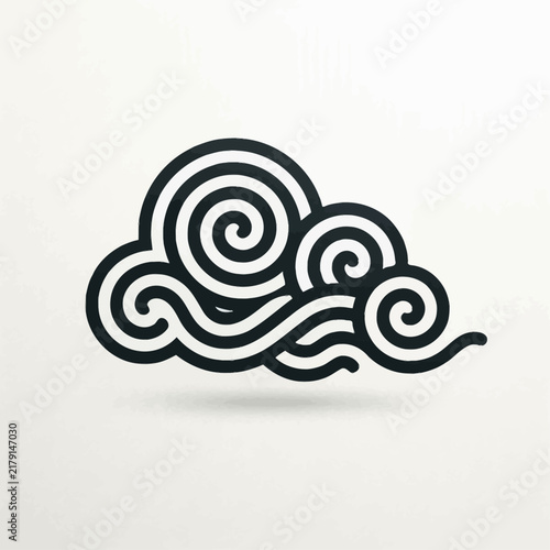 A minimalist black and white graphic illustration of a stylized cloud formed by continuous swirling lines, with a subtle shadow.
