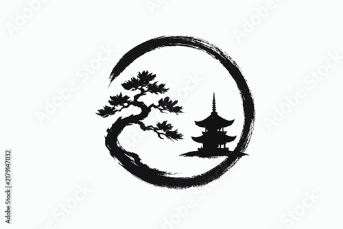 A minimalist black ink brushstroke illustration of a Japanese pagoda and a bonsai tree within a zen circle.