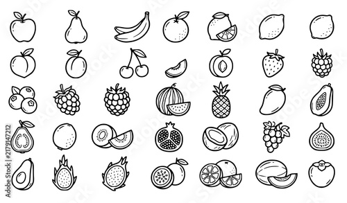 Fruit Line Icon Set Hand Drawn Doodle Outline Tropical Fruit Collection With Apple Banana Cherry Strawberry Grape Vector Illustration