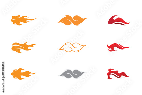 Set of nine horizontal flame and fire wave in orange, red, and grey colors, featuring flowing shapes and dynamic motion for branding use