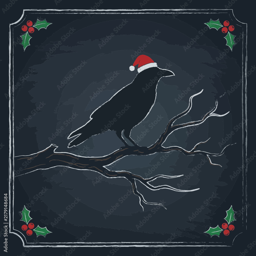 Obraz premium Festive black raven on branch in chalkboard style for greeting cards