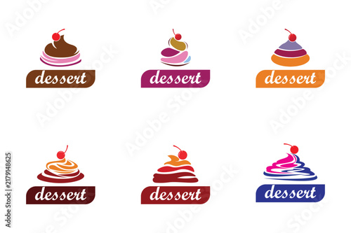 Set of six colorful dessert featuring various cupcake styles with cherries and text labels on a clean white background
