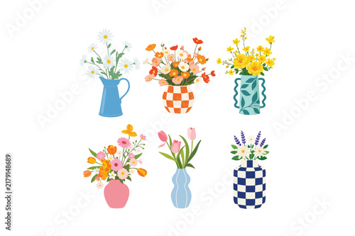 Set of six colorful flower bouquets in various ceramic vases isolated on a white background, for home decor, and interior