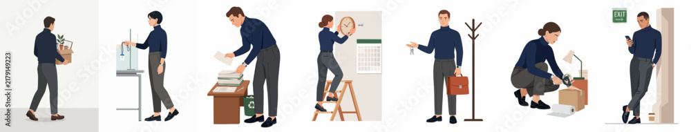 Obraz premium Minimalist flat vector illustrations showing a diverse group of office workers performing various professional tasks and office-related activities.