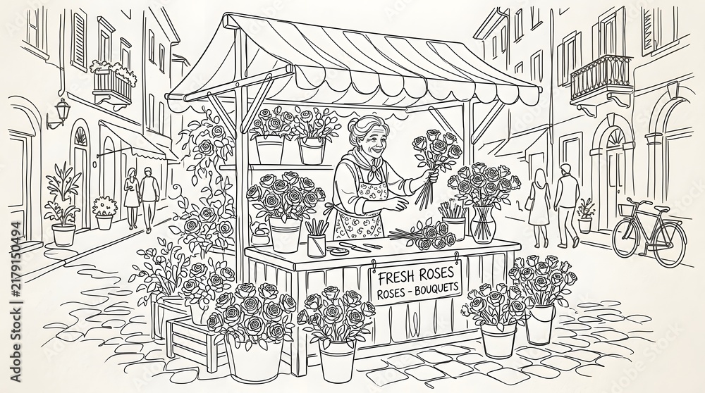 Obraz premium Flower Vendor Woman Selling Fresh Roses Bouquets on Street Market Scene