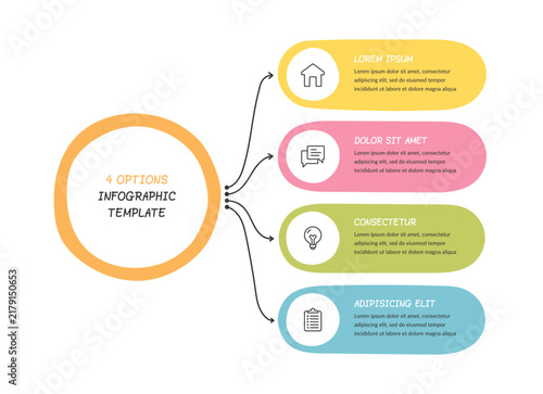 4 option hand drawn infographic template with a central circle and curved arrows branching to four stacked panels. Business presentation layout for options, choices, or categories. Vector template