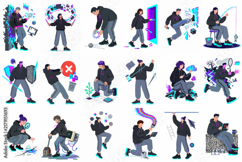 A collection of eighteen flat-style vector illustrations featuring characters in various digital, technological, and conceptual activities, all set against a clean white background.