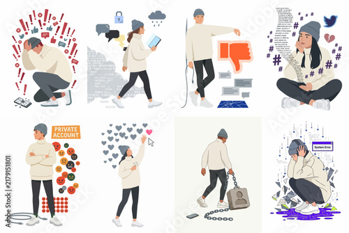 Illustrations depicting the negative psychological impacts of social media and cyberbullying on youth, highlighting mental health issues like anxiety and isolation.