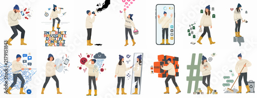 Comprehensive Set of Illustrations Depicting Various Aspects of Social Media, Digital Communication, Internet Influence, and Online Interaction with a Character.