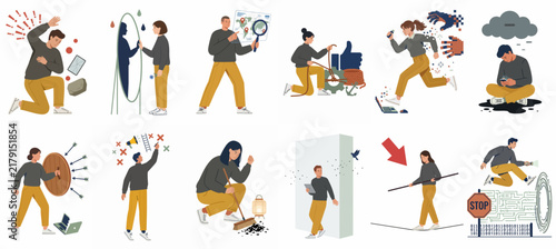 Collection of flat vector illustrations representing mental health, psychological struggles, social media pressure, and emotional well-being in the modern digital age.