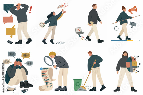 Set of eight flat vector illustrations portraying digital reputation, online stress, internet safety, social media management, and mental health issues in a digital world.