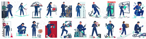 Set of Twenty Flat Vector Illustrations of Professional Workers in Blue Overalls Performing Diverse Manual, Technical, and Service Industry Tasks.