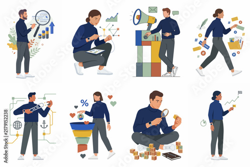 Business professional character set performing data analysis, digital marketing, strategic planning, and creative work in a flat vector style.