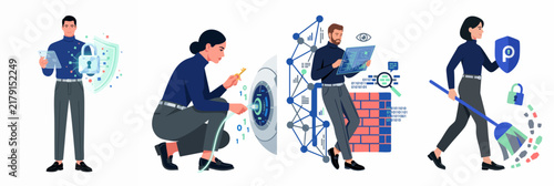 Professional men and women performing cybersecurity tasks like data protection, network monitoring, and digital cleaning in a flat vector illustration style.