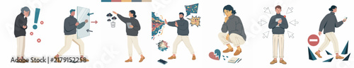 Set of diverse flat illustrations representing mental health, emotional struggles, personal boundaries, social pressure, and overcoming challenges in modern life.