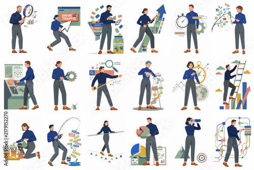 Flat vector illustration set of business professionals performing various tasks like marketing, data analysis, strategic planning, and project management.