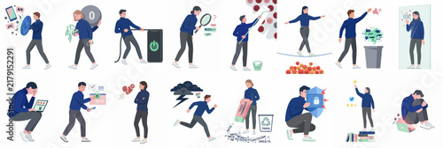 Set of conceptual flat vector illustrations depicting human emotions, life challenges, mental health, digital lifestyle, and personal growth on a white background.