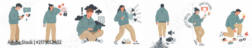 Flat vector illustrations depicting mental health states, social media impact, stress, and emotional well-being of young people in modern society.