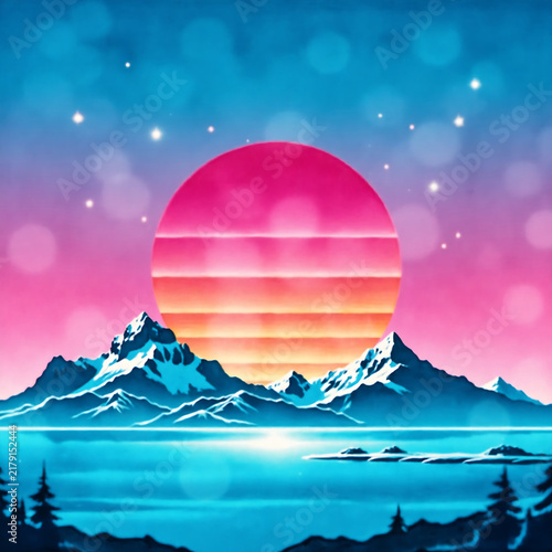 80s style retrowave mountains under blue and pink sun.