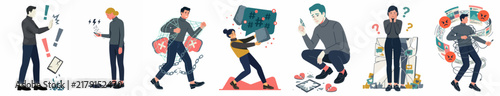 Flat vector set of diverse people experiencing various work-related challenges, including stress, digital overwhelm, technical errors, and heavy workloads.