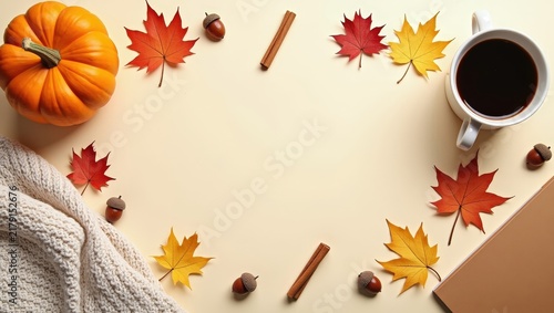 Cozy autumn flat lay with pumpkins, warm knitted blankets, coffee, maple leaves and cinnamon on a light background. Seasonal fall composition with copy space for text, banners and designs