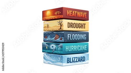 Stacked Blocks Illustrating Heatwave Drought Flooding Hurricane Blizzard Concepts