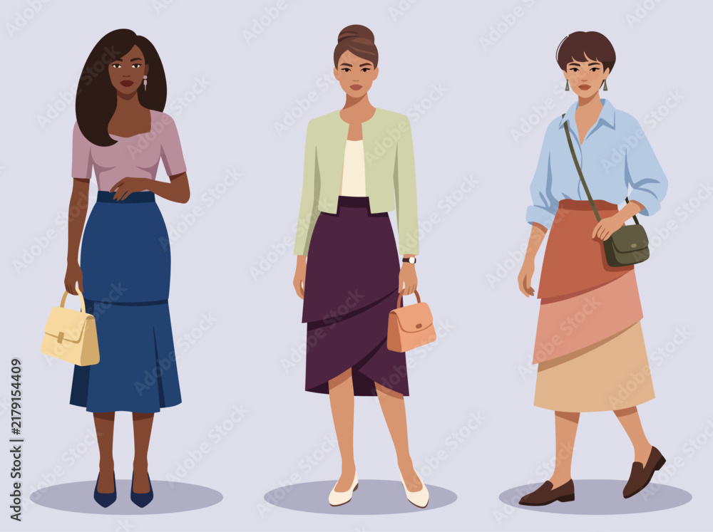 Obraz premium Vector illustration of three fashionable women in modern elegant outfits carrying handbags