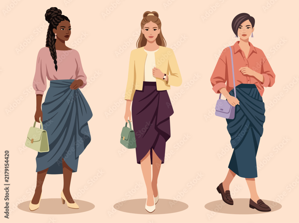 Fototapeta premium Fashionable women in elegant modern outfits with draped skirts and handbags vector illustration