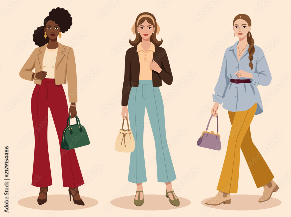 Fototapeta premium Stylish Women in Trendy Autumn Outfits Holding Handbags Fashion Illustration