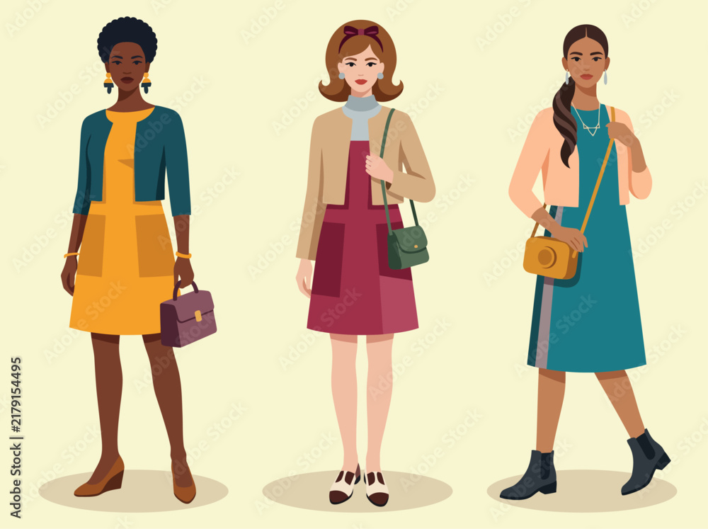 Fototapeta premium Three young stylish women in vintage retro fashion outfits holding handbags
