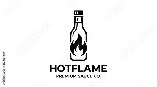 Hot sauce logo template featuring a bottle icon with a flame inside over a clean white background.