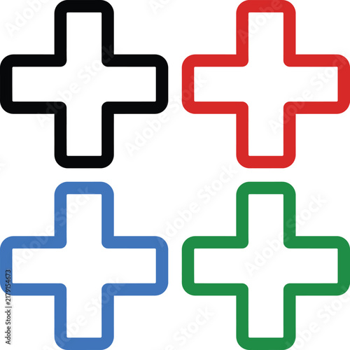 Medical plus sign icons in black red blue and green colors for healthcare and emergency design projects.