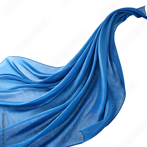 Flowing Blue Fabric: A captivating blue textile gracefully drapes and swirls, creating elegant folds and curves that evoke a sense of fluidity and motion against a plain backdrop.