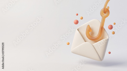 3D rendered open envelope with a fishing hook conceptualizing a phishing email attack and online fraud