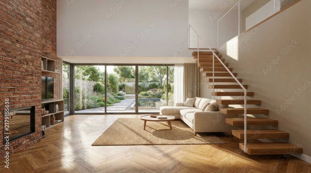 Fototapeta premium Modern living room with large windows and staircase overlooking a garden.
