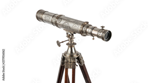 Cuadro en lienzo Vintage metallic spyglass telescope mounted on wooden tripod isolated on transpa