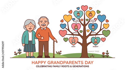 Принти на полотні Happy Grandparents Day vector illustration, elderly couple with family tree, gen