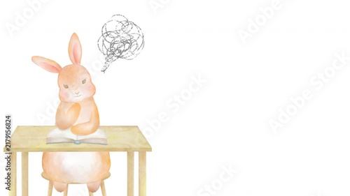 勉強で悩んだ後にパッとひらめいた表情を見せるうさぎのアニメーション。疑問と解決を表現した水彩風映像。