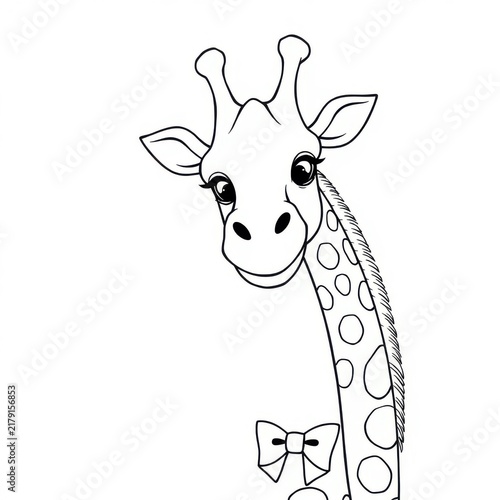 A smiling giraffe with a very long neck, decorated with simple spots and a bow tie. Stylized and flat design, easy to color within the lines for young children. Generative AI