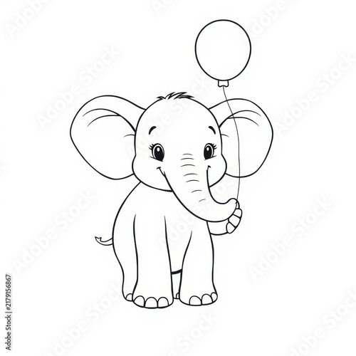 An adorable elephant standing on two feet, holding a bright balloon with its trunk. Bold, clean, and easily recognizable shapes for preschoolers. Generative AI