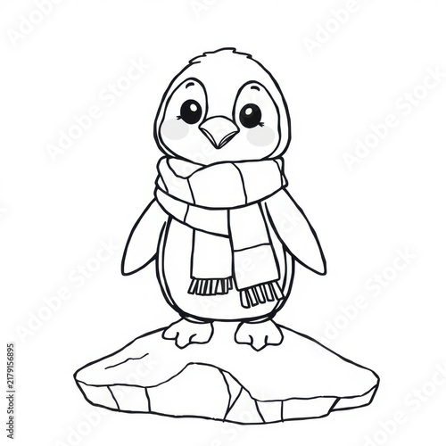 A playful penguin wearing a tiny winter scarf, standing on an ice block. Chibi style, exaggerated features, and very thick outlines for easy coloring. Generative AI